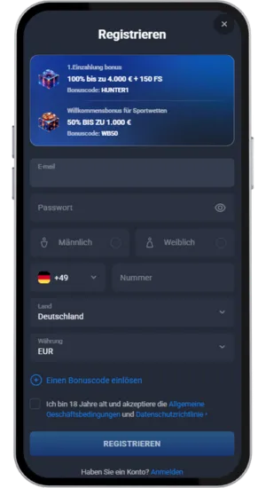 Registrierungsbildschirm und Länderauswahl