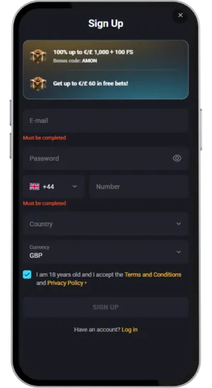 Registration screen and country selection